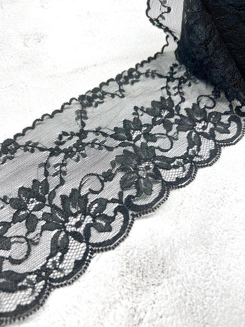Black Floral Scalloped Lace Trim by the yard NLT00499